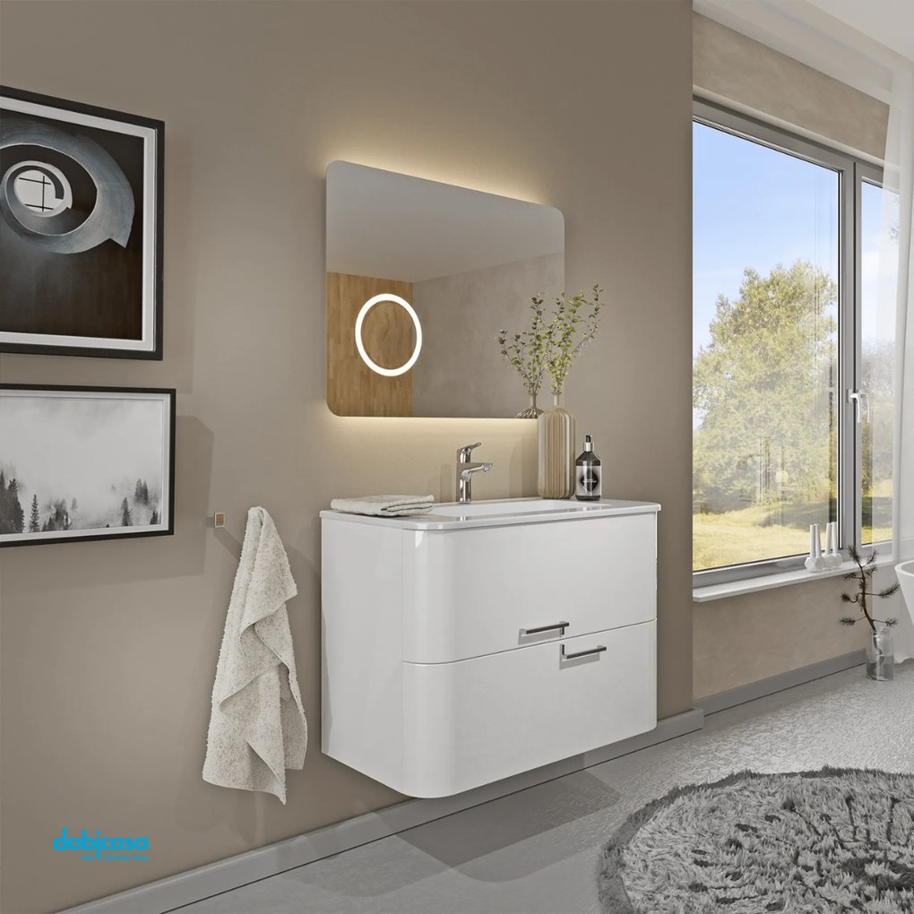 Mobile Bagno Sospeso "Geos" Da 80 Cm Composto Da Due Cassetti Lavabo E Specchio Finitura Bianco Lucido