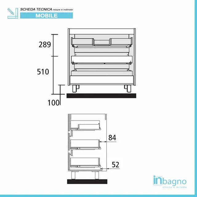 Mobile bagno a terra 60 cm bianco lucido con 3 cassettoni lavabo e specchio Saxsi