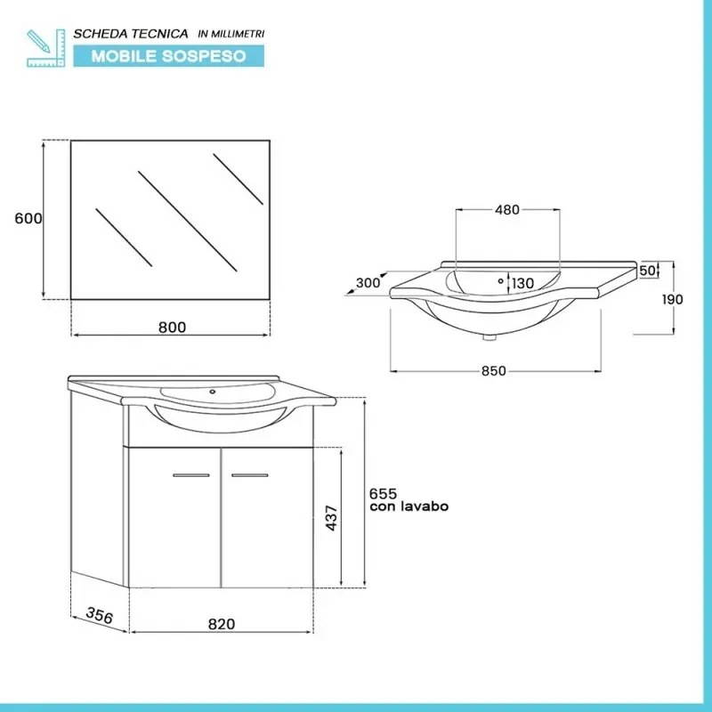 Mobile bagno sospeso 80 cm bianco completo di lavabo e specchio Desya