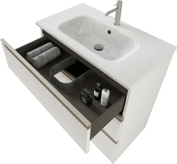 Mobile bagno a terra 80 cm Master bianco con lavabo e specchio contenitore