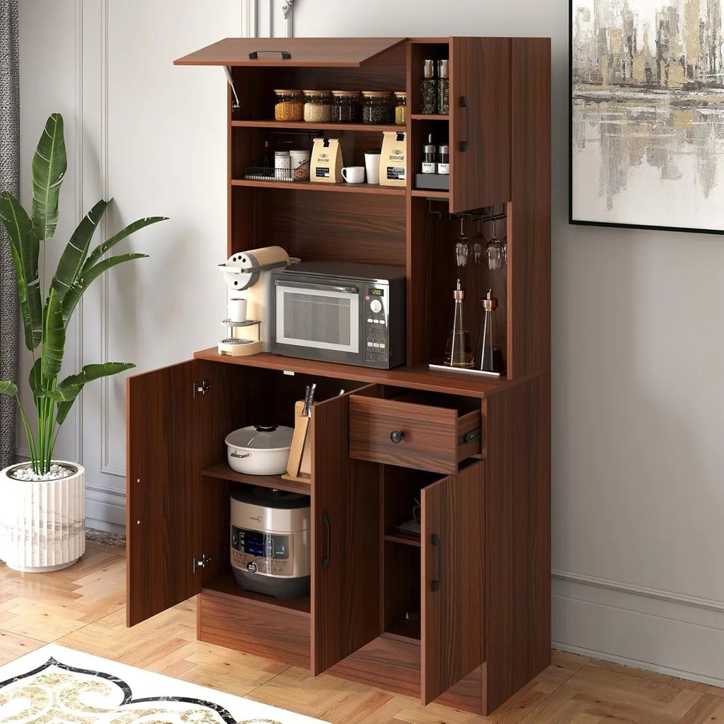 Costway Armadio dispensa con vetrina e prese di corrente, Armadio da cucina con portabicchieri cassetto e ripiani regolabili per sala da pranzo