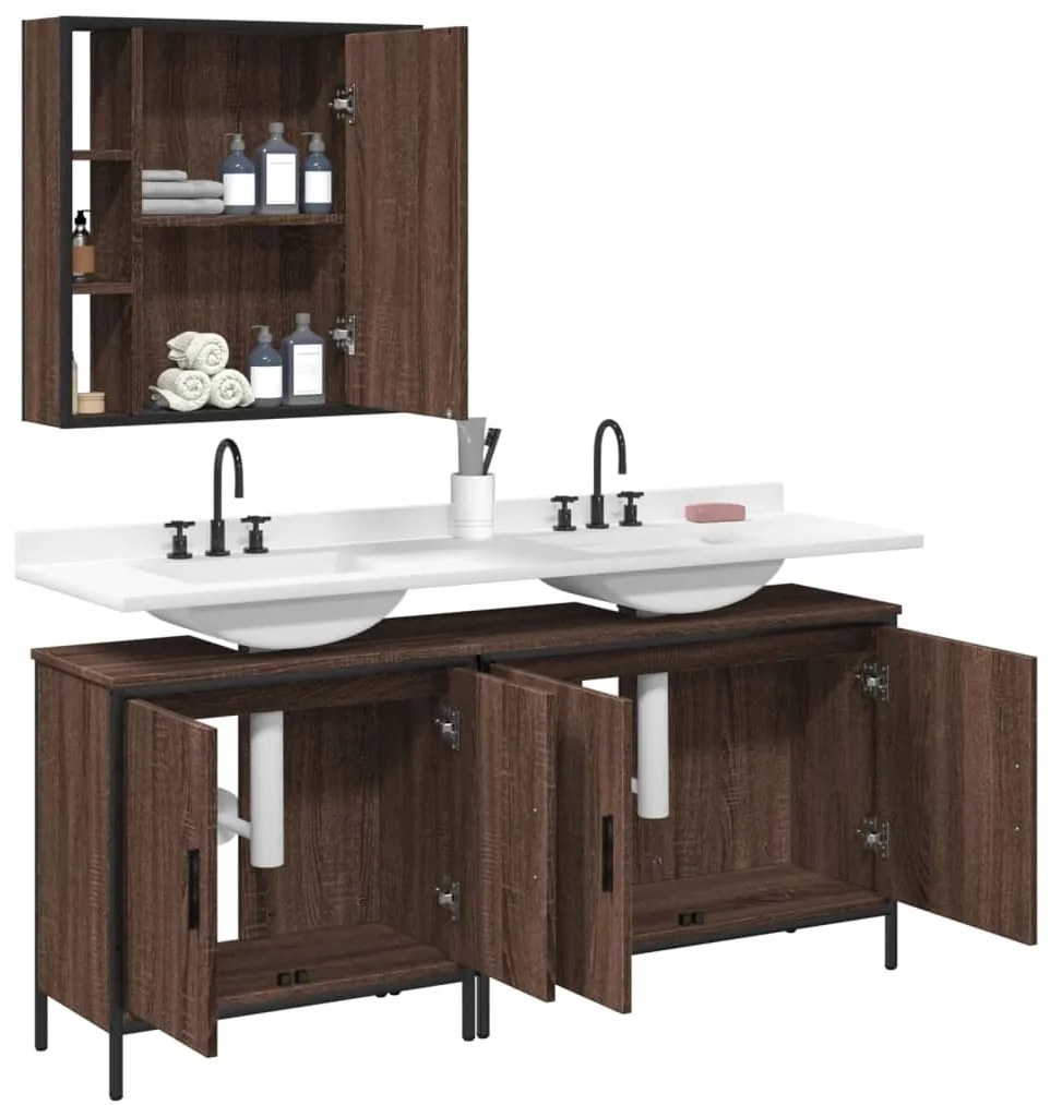 Set mobili da bagno 3 pz rovere marrone in legno multistrato