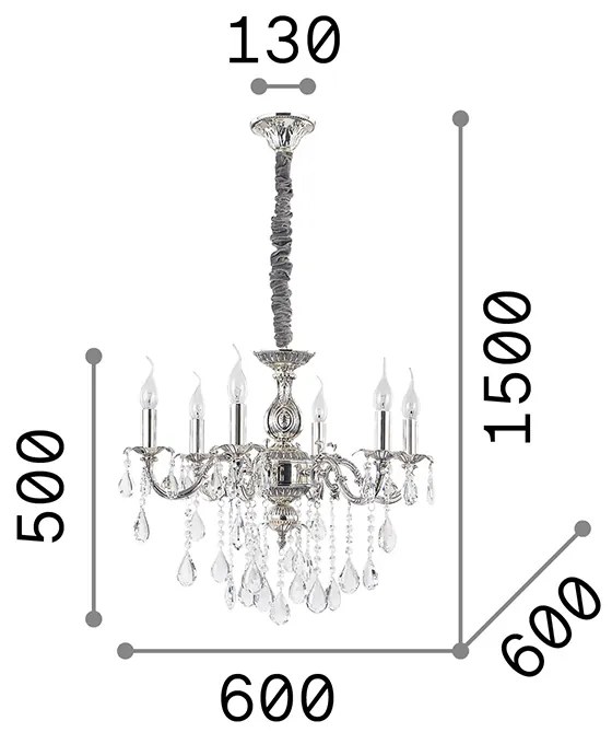 Lampadario Classico Impero Metallo-Cristallo Argento 6 Luci E14