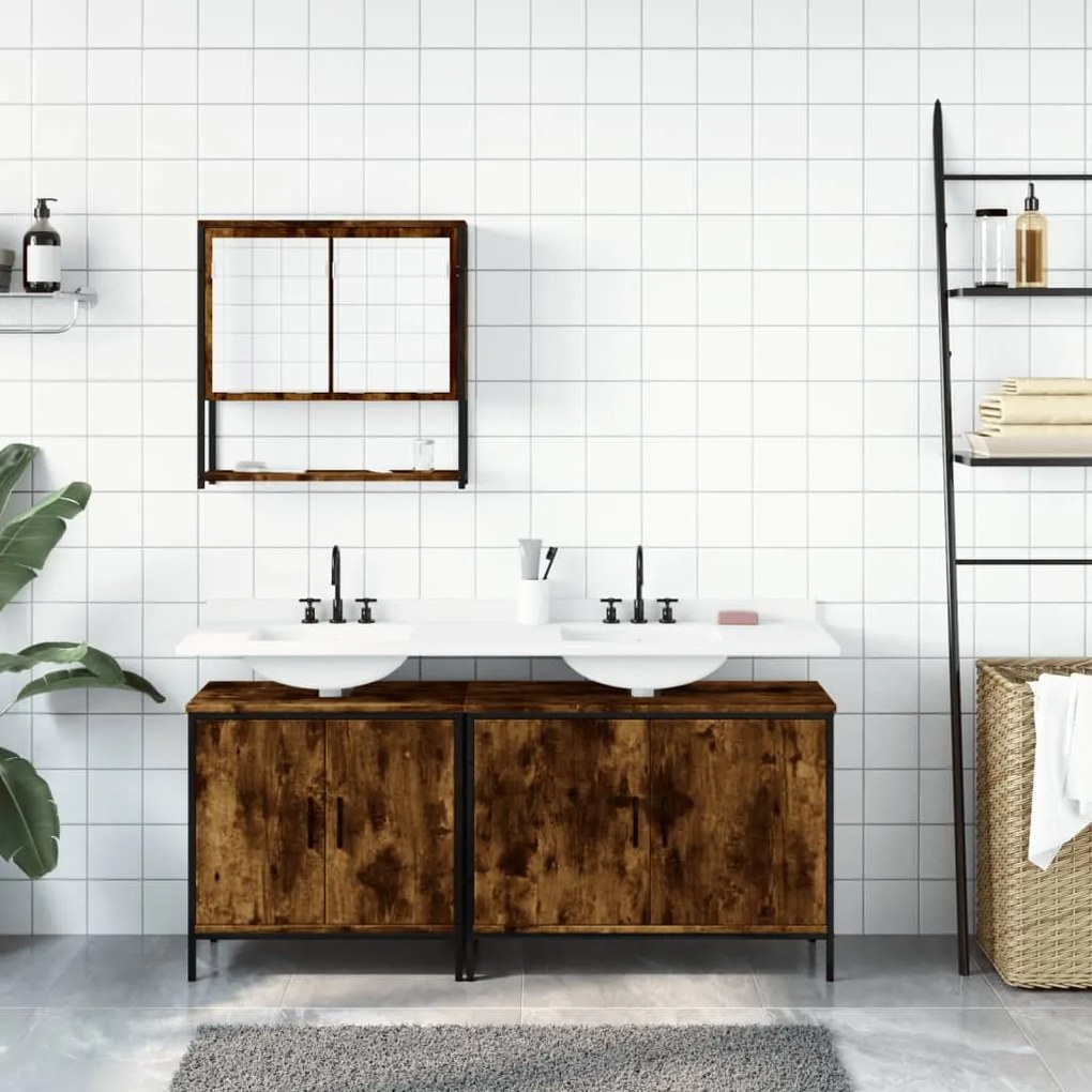 Set mobili da bagno 3 pz rovere fumo in legno multistrato