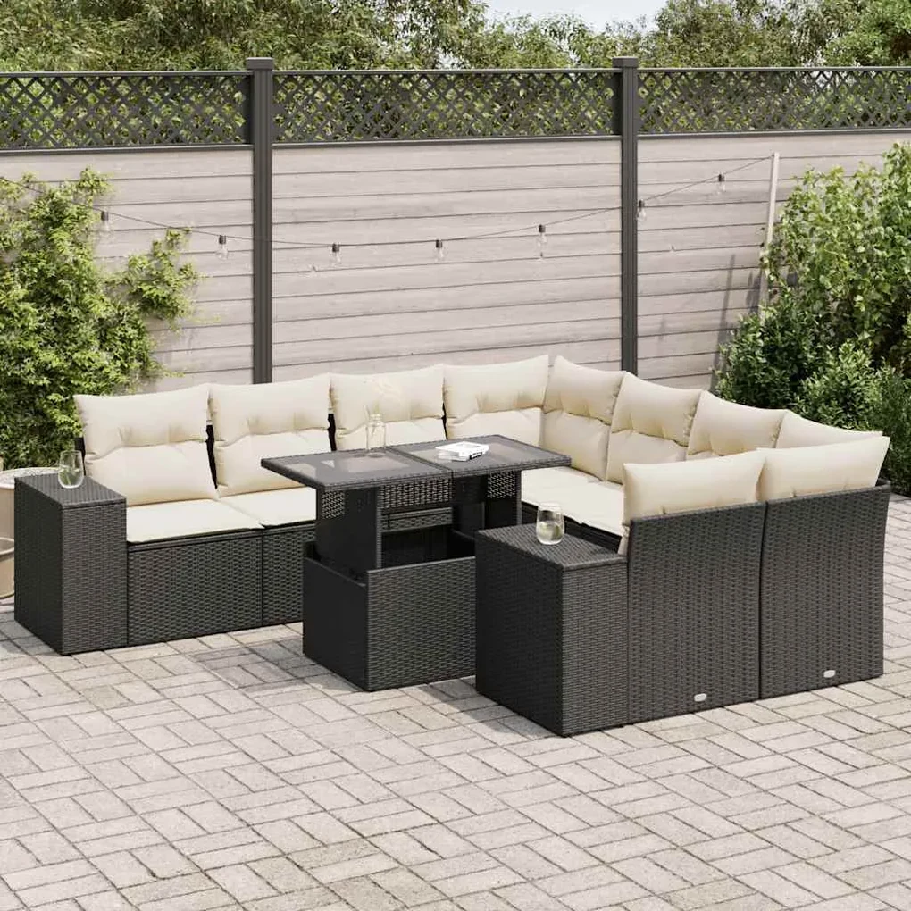 Set divani da giardino 9 pz con cuscini nero in polyrattan