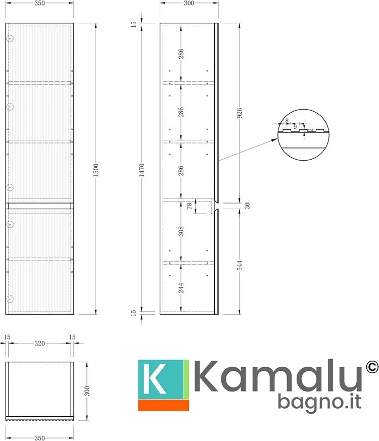 Colonna bagno sospesa cannettata 150 cm | KAM-NORTH-150 - KAMALU
