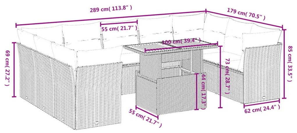 Set Divani da Giardino 10pz con Cuscini in Polyrattan Nero