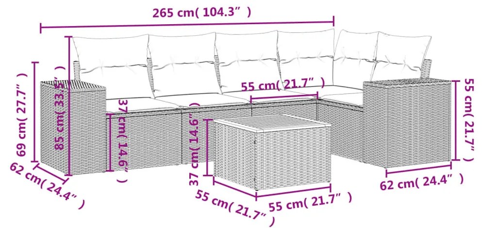 Set divano da giardino 6 pz con cuscini beige in polyrattan