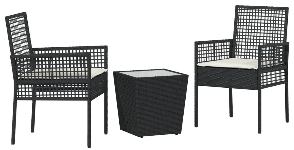 Set bistro da giardino 3 pezzi con cuscini nero in polyrattan