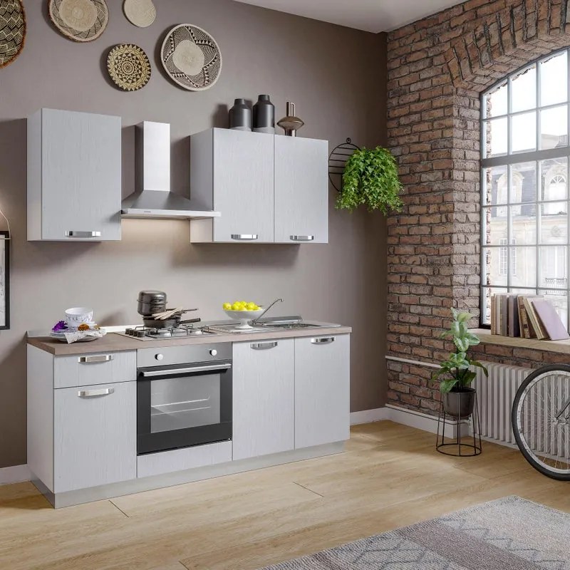 Cucina montata Dora bianco spatolato, lavello a destra, L 195 cm, completa di: cappa a camino, piano cottura a gas e forno