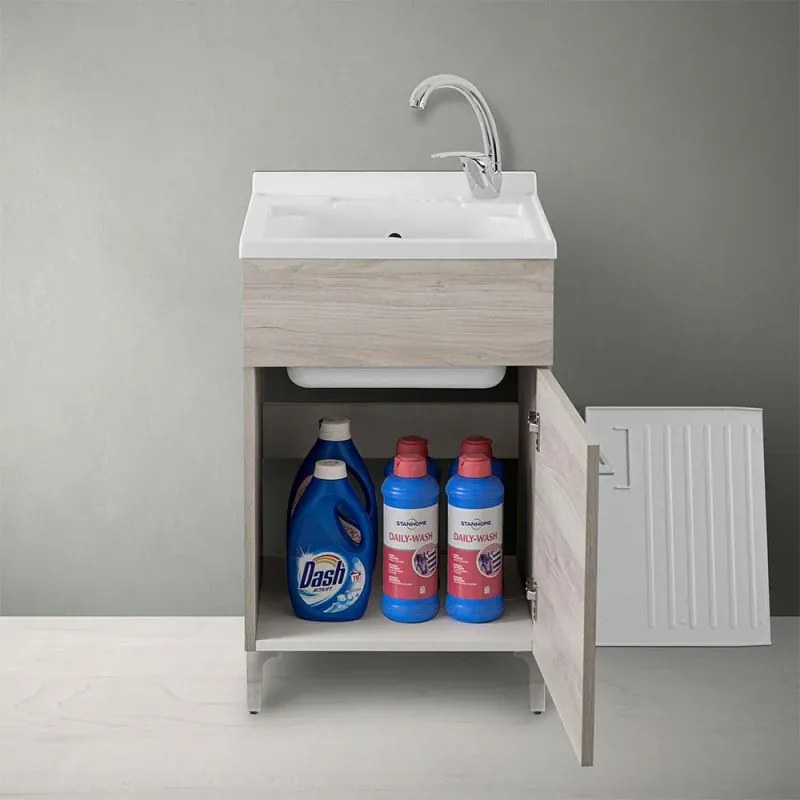 Mobile lavatoio 50x50 cm 1 anta rovere grigio con vasca in resina