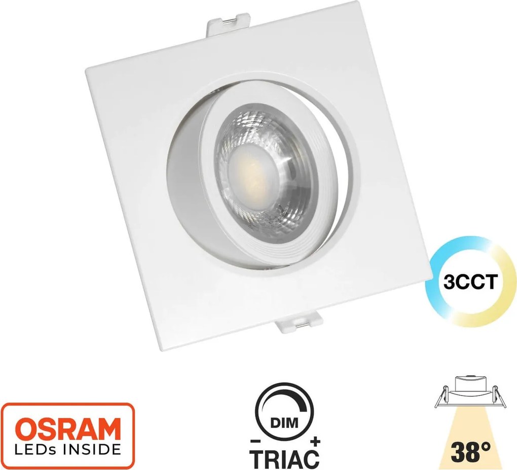 Faro Incasso Quadrato 12W CCT Ø90mm 38° Orient. Dimmerabile OSRAM LED Colore Bianco Variabile CCT