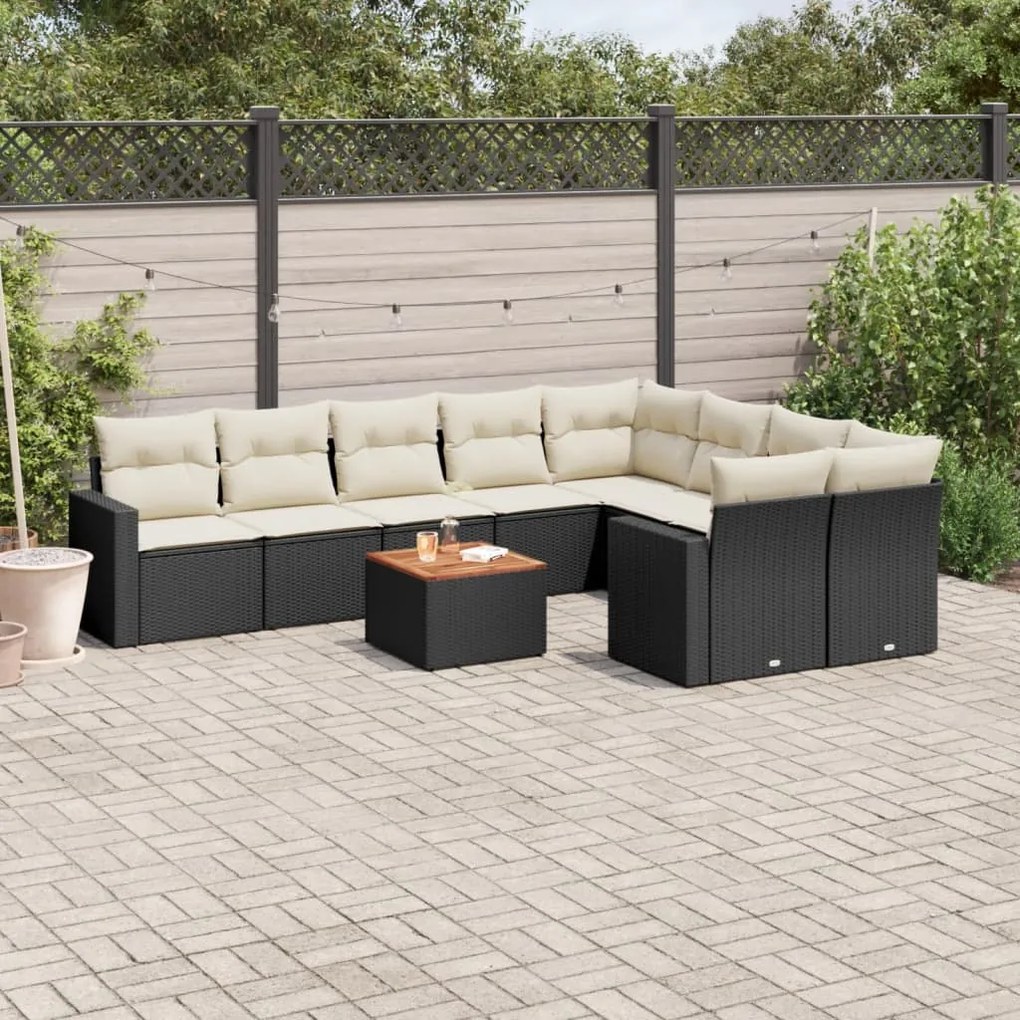 Set divani da giardino 10pz con cuscini in polyrattan nero