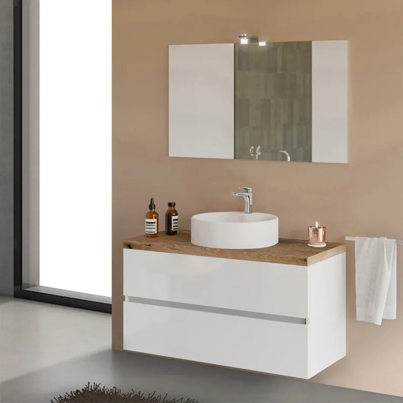 Mobile bagno sospeso 100 Town bianco top rovere naturale per lavabo d'appoggio