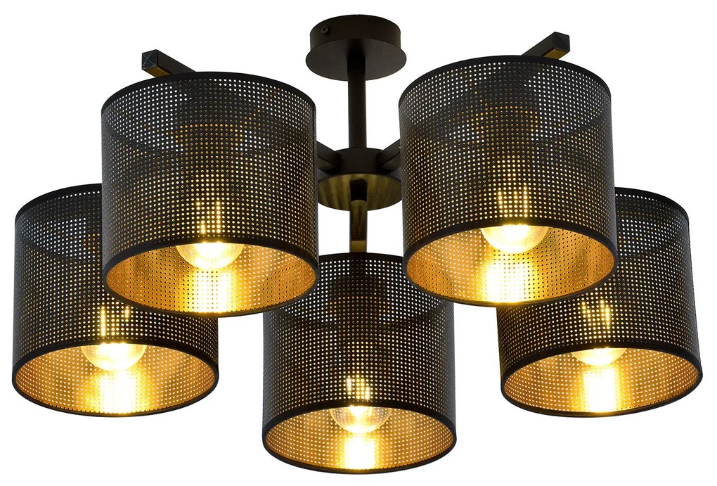 Plafoniera Industrial 5 Luci Cigno In Acciaio Nero E Paralumi A Cilindro Oro