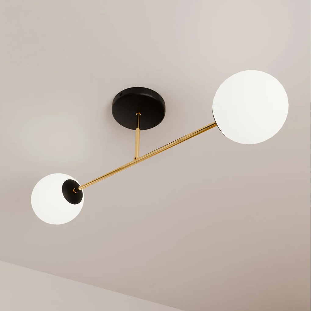 Plafoniera Moderna Magnium 2 Luci In Acciao Nero Oro E Sfere In Vetro Bianco