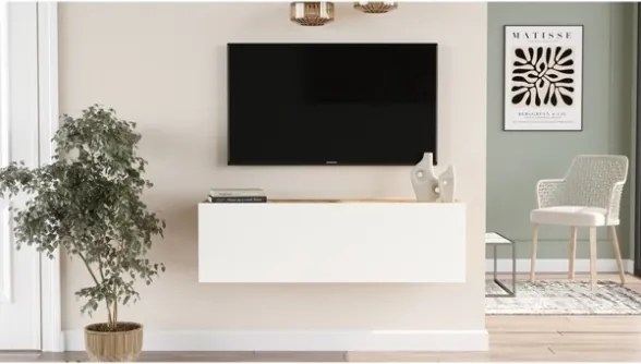 Mobile TV Sospeso 100x32x30 Bianco E Rovere Effetto Legno Con Vano Frame