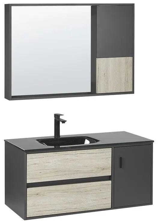 Mobile bagno con specchio legno chiaro e nero 100 cm TERUEL Beliani