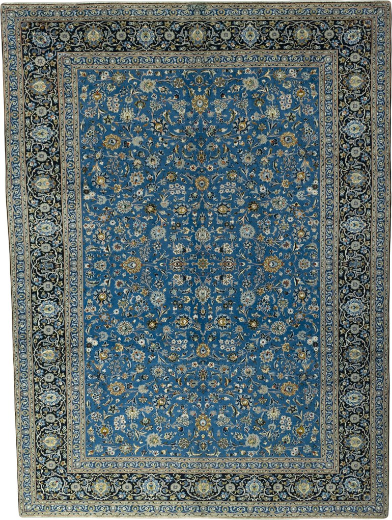Kashan Tappeto 390x290 Blu (Iran) Annodato A Mano