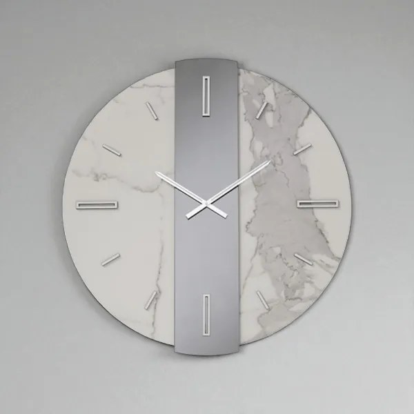 Orologio rotondo D60 cm WAYLEN in kerlite Bianco vetro Fumč dettagli Argento