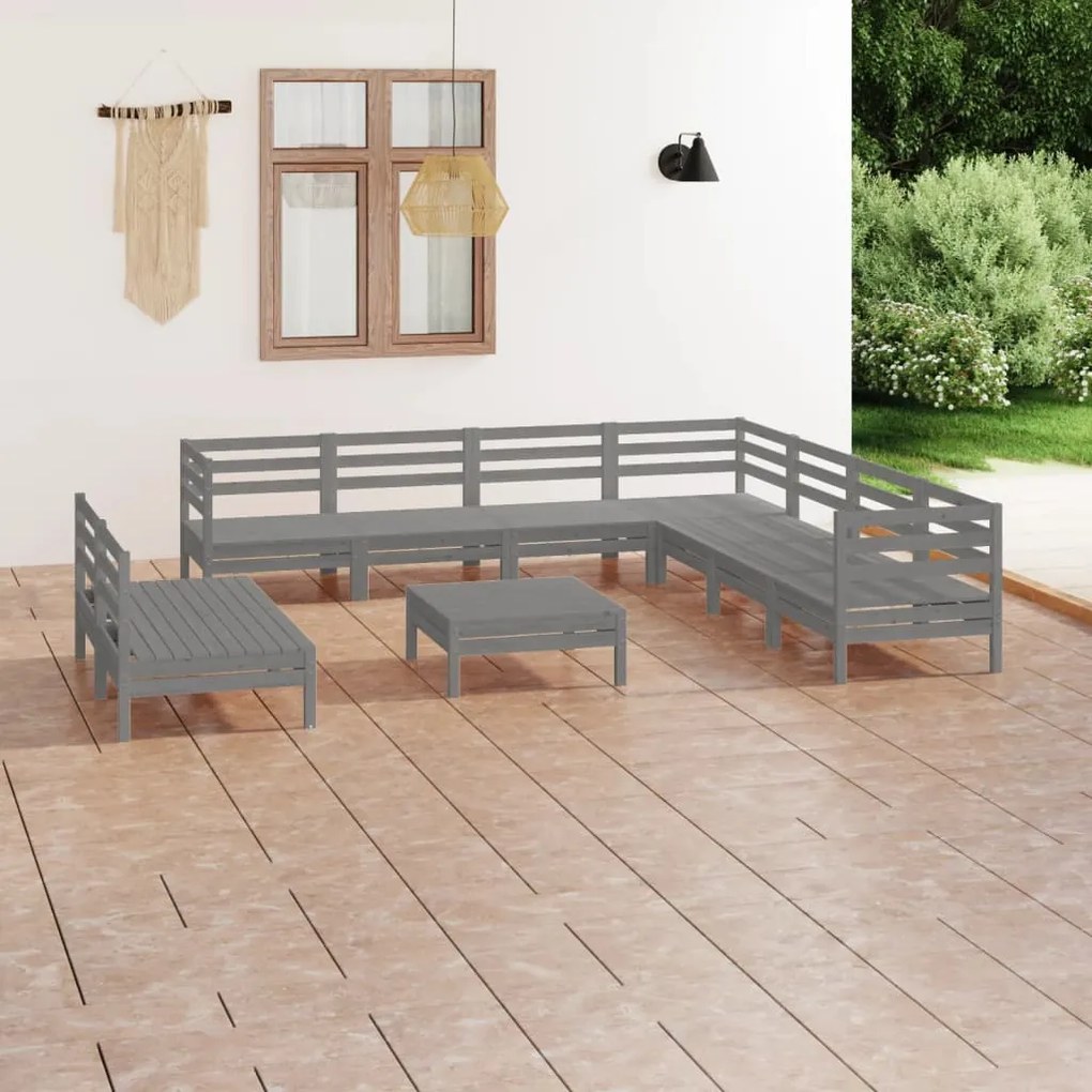 Set salotto da giardino 10 pz in legno massello di pino grigio