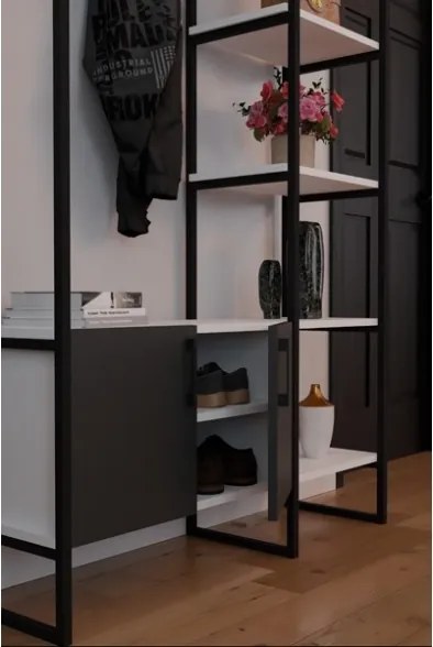 Mobile Ingresso Industrial 120x34x180 Con Scarpiera Appendiabiti E Ripiani Yago Antracite E Bianco