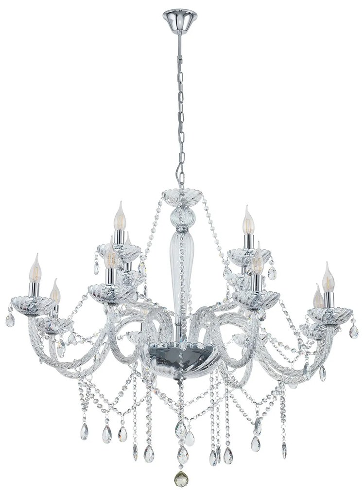Lampadario A Sospensione Classico Basilano 1 Acciaio Cromo Vetro 12 Luci E14