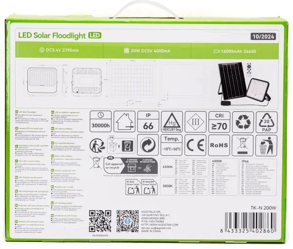 Aigostar - LED Faro solare dimmerabile LED/200W/3,4V IP66 + +TC