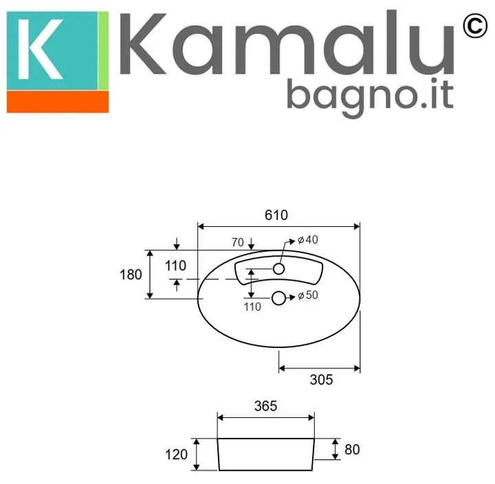 Kamalu - lavabo appoggio ovale bianco 61cm ceramica slim | litos-0012