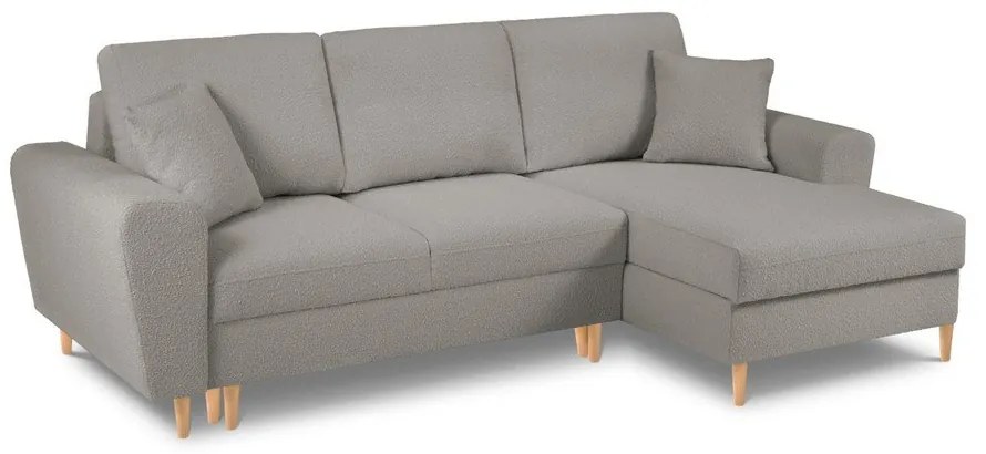 Divano angolare grigio chiaro allungabile e con contenitore (con penisola a destra/con chaise lounge) con rivestimento in bouclé Kyoto – Cosmopolitan Design