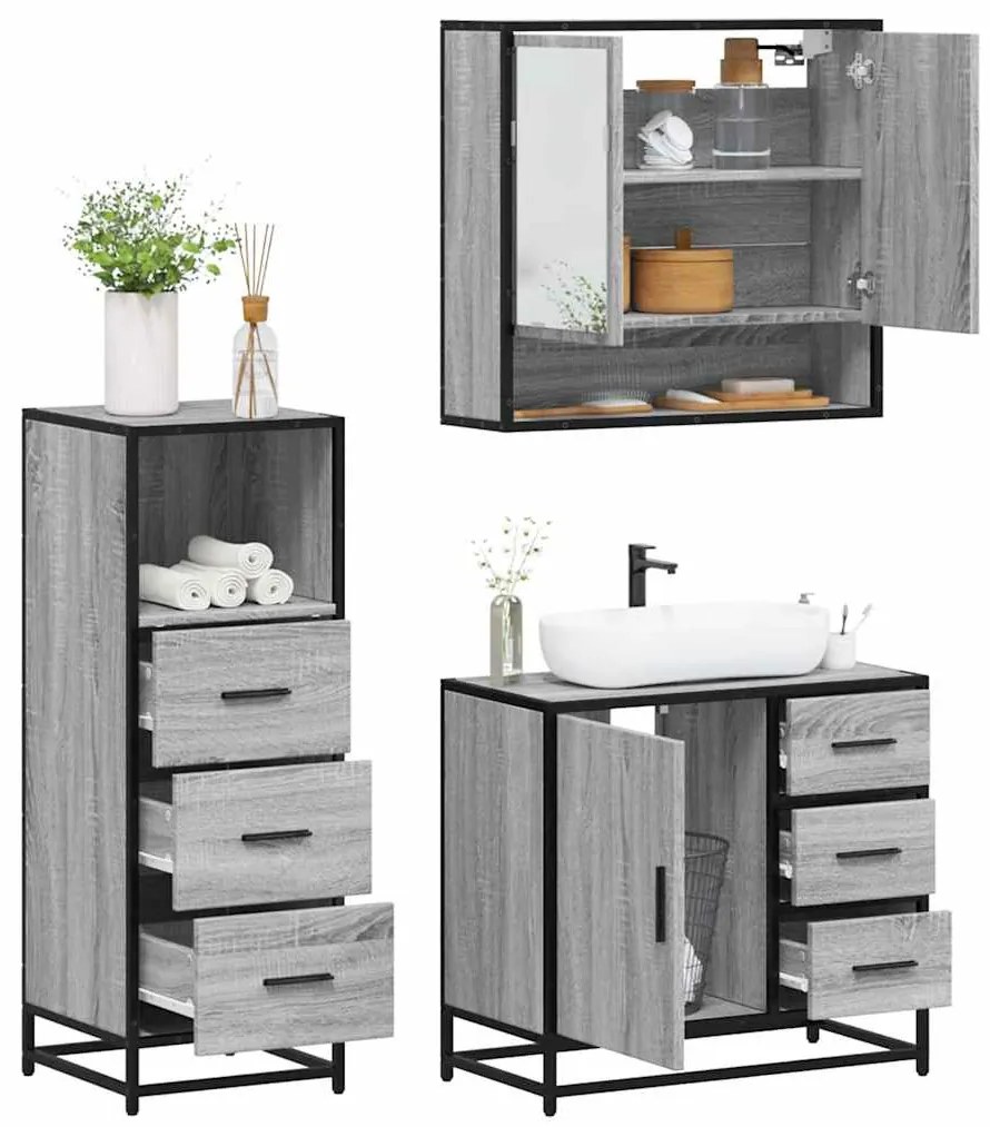 Set Mobili Da Bagno 3 Pz Grigio Sonoma İn Legno Multistrato /