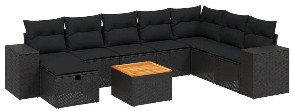 Set divani da giardino 9 pz con cuscini nero in polyrattan