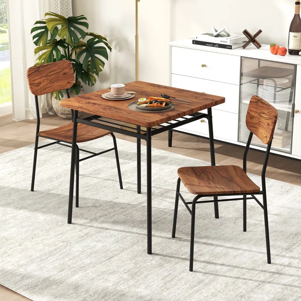 Costway Set da pranzo 3 pezzi per angolo colazione, Tavolo e sedie da cucina quadrato con scaffale di stoccaggio Caffè