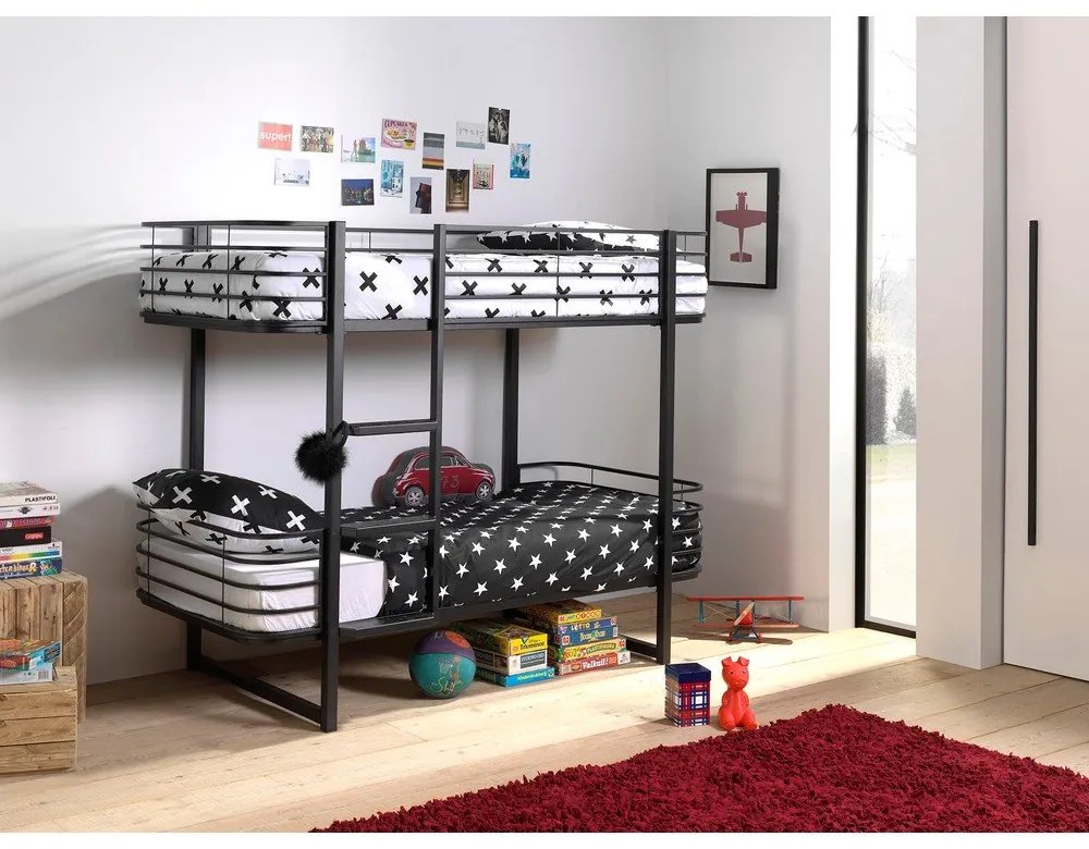 Letto da bambini a castello nero in metallo con rete inclusa 90x200 cm Oscar – Vipack