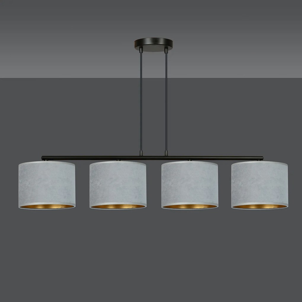 Lampadario 4 Luci Ganesha In Acciaio Nero E Paralumi In Tessuto Grigio