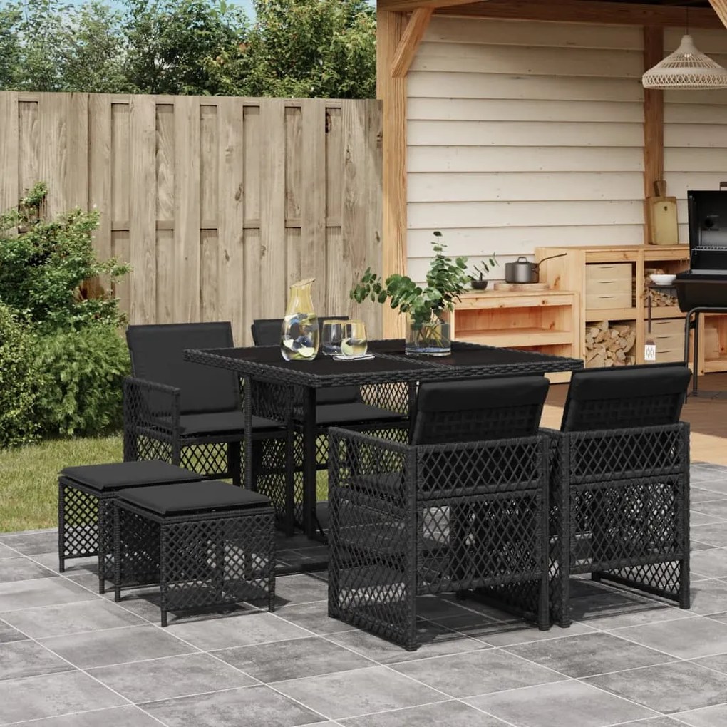 Set da pranzo da giardino 9 pz con cuscini nero in polyrattan