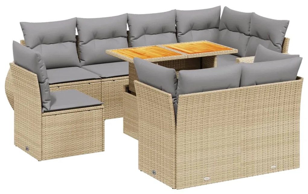 Set divano da giardino 9 pz con cuscini beige in polyrattan