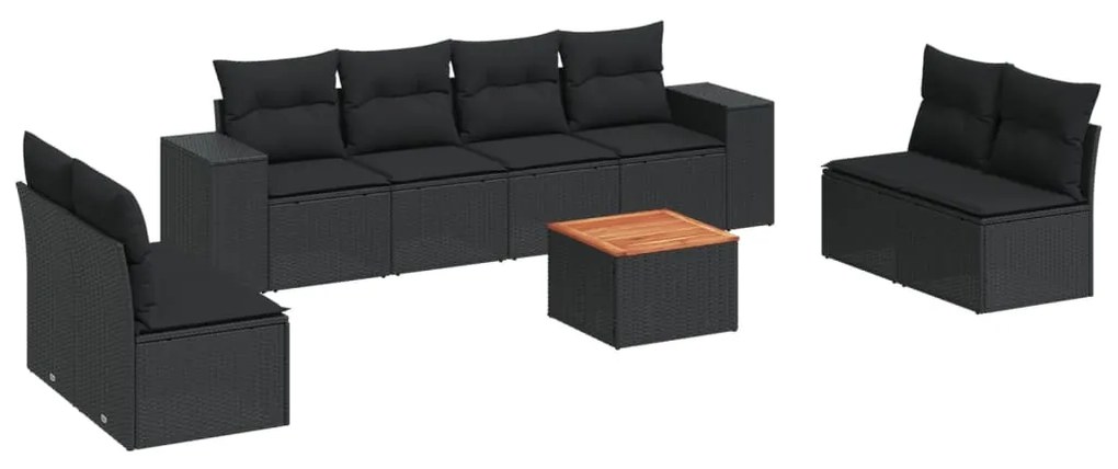 Set Divani da Giardino 9 pz con Cuscini Nero in Polyrattan