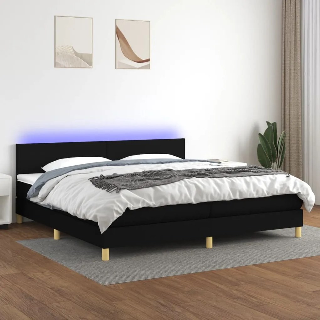 Letto a Molle Materasso e LED Nero 200x200cm in Tessuto