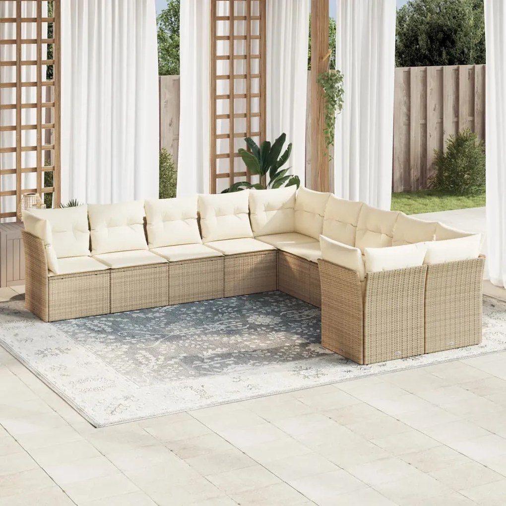 Set divano da giardino 10 pz con cuscini beige in polyrattan