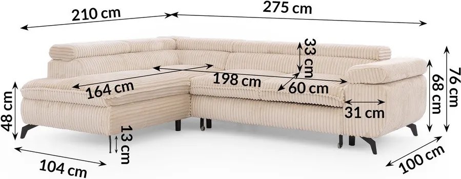 Divano angolare beige (con penisola a sinistra/a L) con rivestimento in velluto a coste Marbeya – Ropez