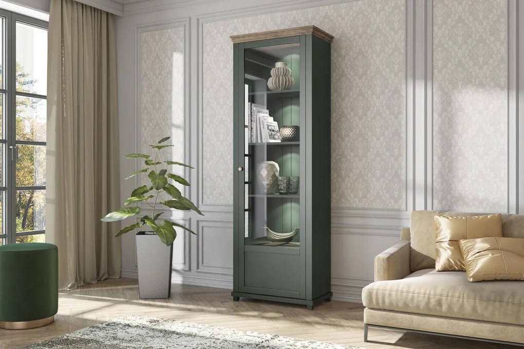 Vetrina colonna H.200 colore verde scuro e quercia