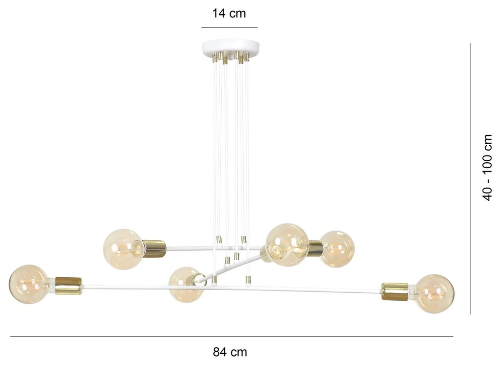 Lampadario Industrial 6 Luci Vesio A Bracci In Acciaio Bianco E Oro