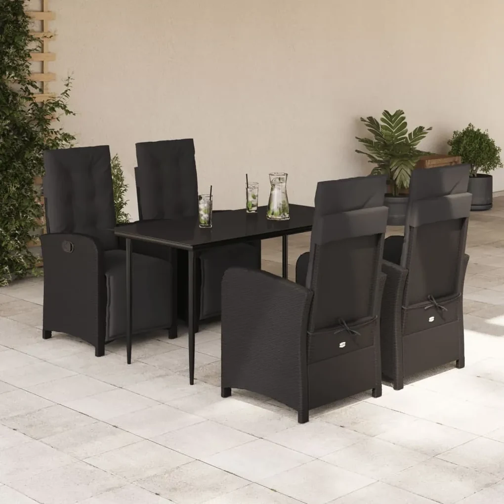 Set da pranzo da giardino 5 pz nero con cuscini in polyrattan
