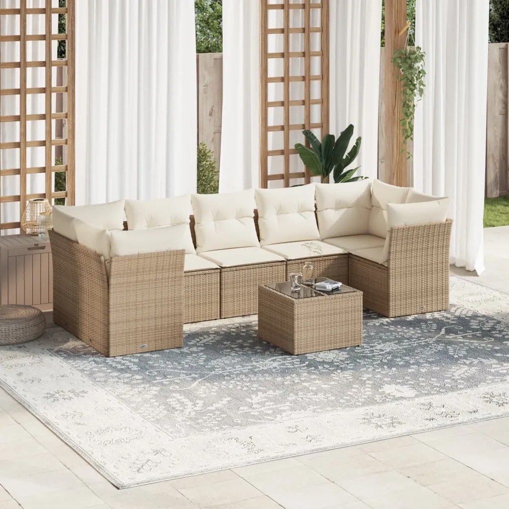 Set Divano da Giardino 8 pz con Cuscini Beige in Polyrattan