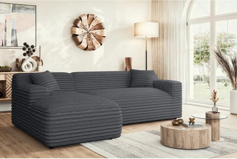 Divano angolare grigio scuro (con penisola a sinistra e chaise lounge) rivestito in velluto a coste Martin – Ropez