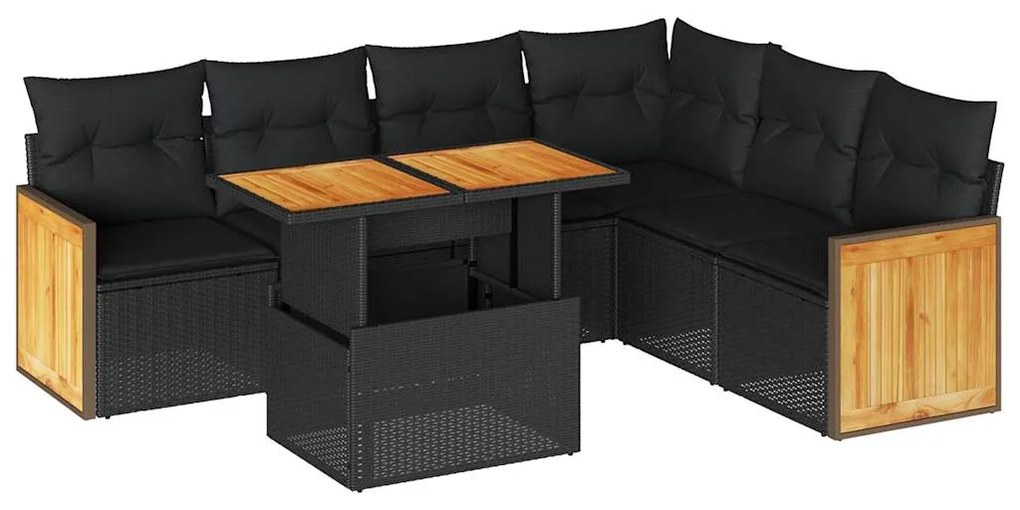 Set divani da giardino con cuscini 7pz nero polyrattan acacia