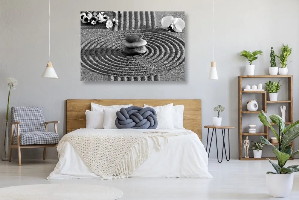 Stampa su tela – Giardino giapponese con elementi Feng Shui in bianco e nero