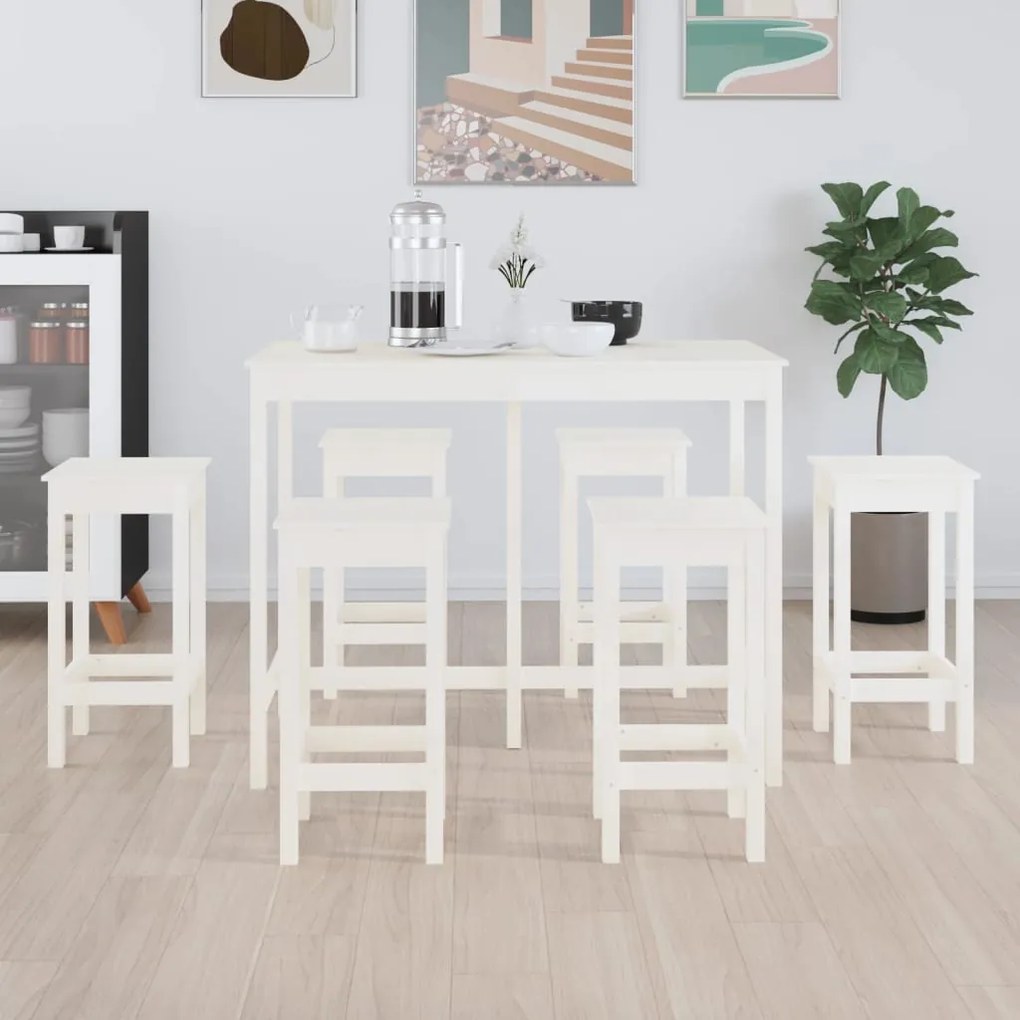 Set Da Bar 7 Pz Bianco İn Legno Massello Di Pino /