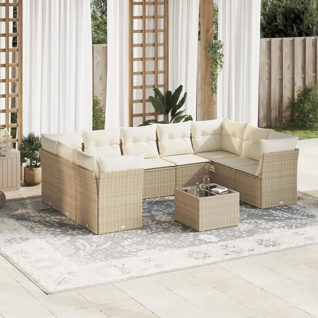 Set Divano da Giardino 10 pz con Cuscini Beige in Polyrattan